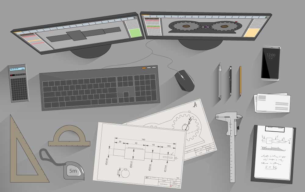 Das Motiv zeigt eine grafische Zeichnung eines Schreibtisches von oben mit Computermonitoren, Stiften und technischen Messgeräten und dient als Beitragsbild zum Thema 'Bauleitung und Steuerung" für Wittfoth Bauträger Berlin, Brandenburg und Potsdam.