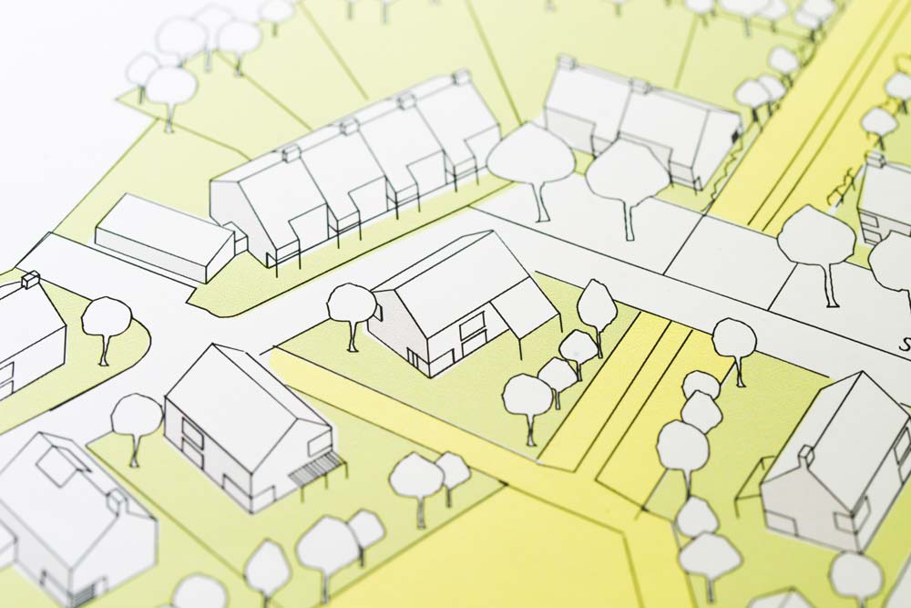 Das Bild zeigt eine Visualisierung in Form einer Skizze der zu bebauenden Fläche und dient als Beitragsbild zum Thema 'Projektentwicklung und Planung' von Wittfoth Bauträger Berlin, Potsdam und Brandenburg.